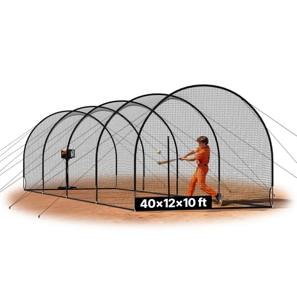 Baseball Batting Cage – 40 x 12 x 10 FT Freestanding Portable Hitting Cage with 4-Ply Knotless Polyester Net & Pitching Machine Opening