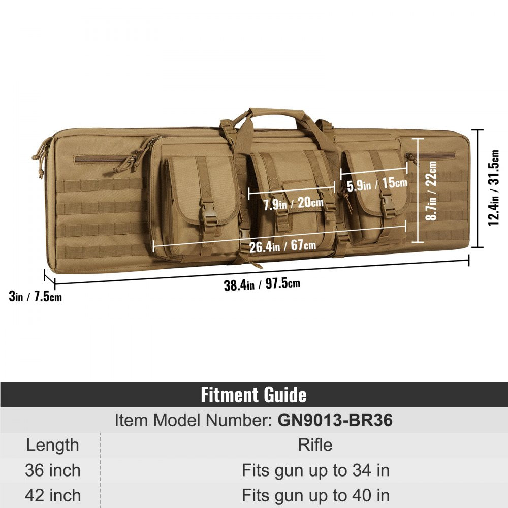 VEVOR Rifle Bag, 36 inch Tactical Double Long Gun Bag, Soft Rifle Case with Lockable Zipper, Portable Handle & Shoulder Strap, 3 Large Storage Pockets Rifle Case for Two 34" Rifles & 2 Pistols, Brown