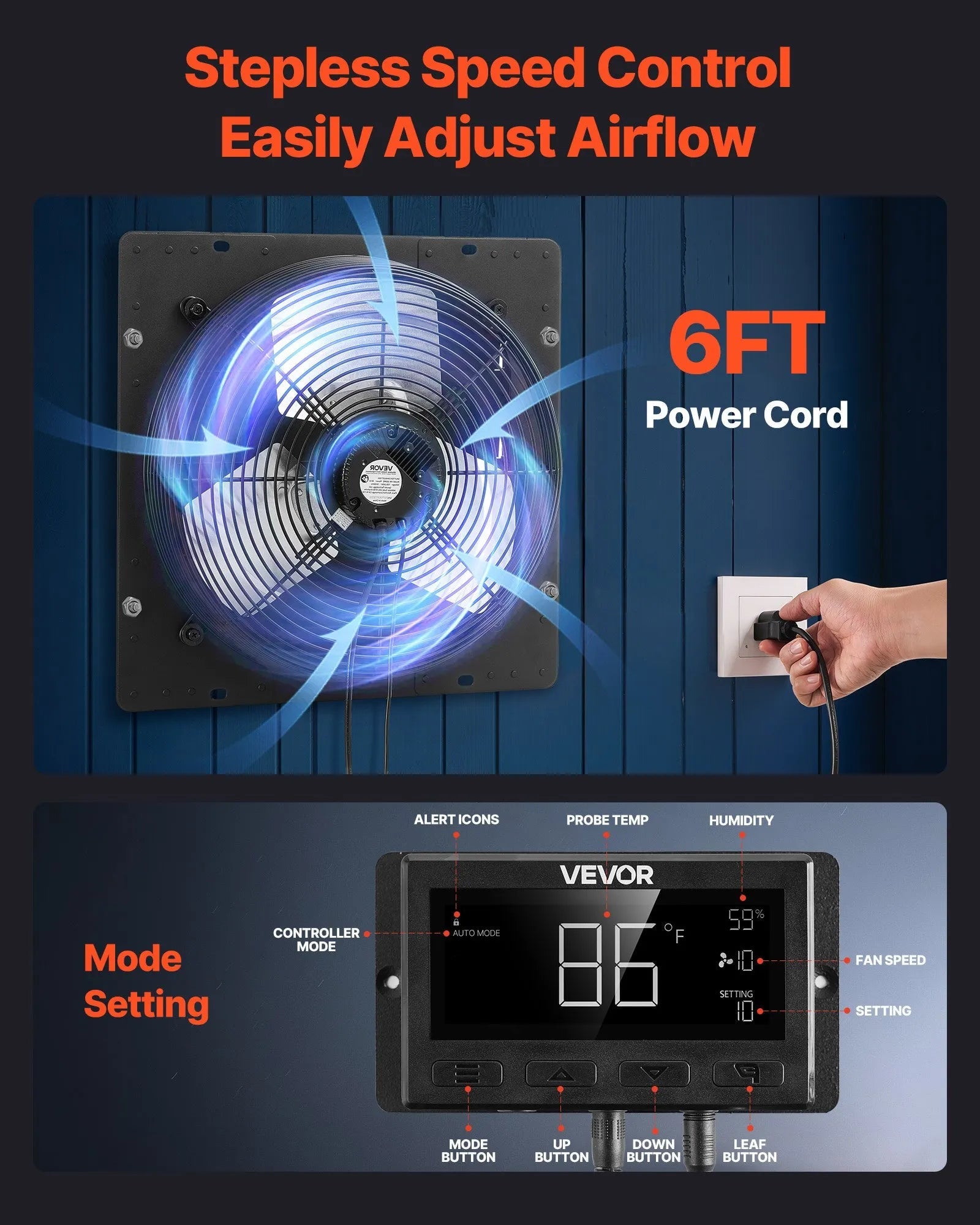 VEVOR 14 inch Shutter Exhaust Fan, Wall Mounted Attic Vent Fan with Smart Programming Variable Speed Temperature Control, 2000 CFM,EC Motor,Timer, for Shed,Garage,Greenhouse Ventilation Cooling,Black