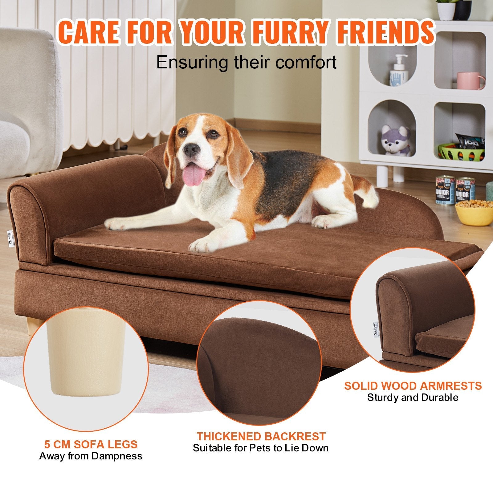 VEVOR Pet Sofa, Dog Couch for Large-Sized Dogs and Cats, Soft Velvety Dog Sofa Bed, 110 lbs Loading Cat Sofa, Dark Brown