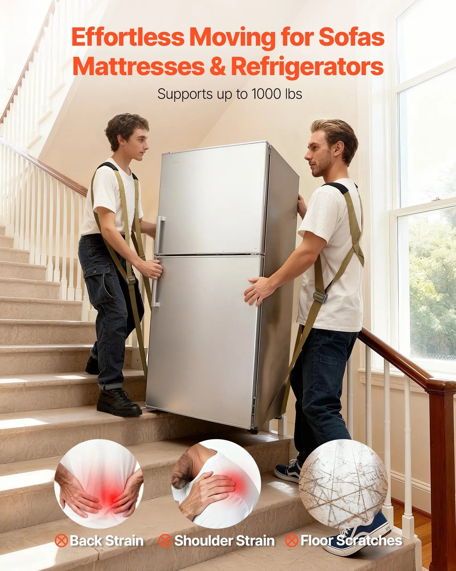 VEVOR Moving Straps, Supports up to 1000 lbs, 2-Person Lifting and Moving System with 2 Harness Straps & 2 Load-bearing Straps, Adjustable Lifting Shoulder Straps Move Furniture Appliances Mattresses