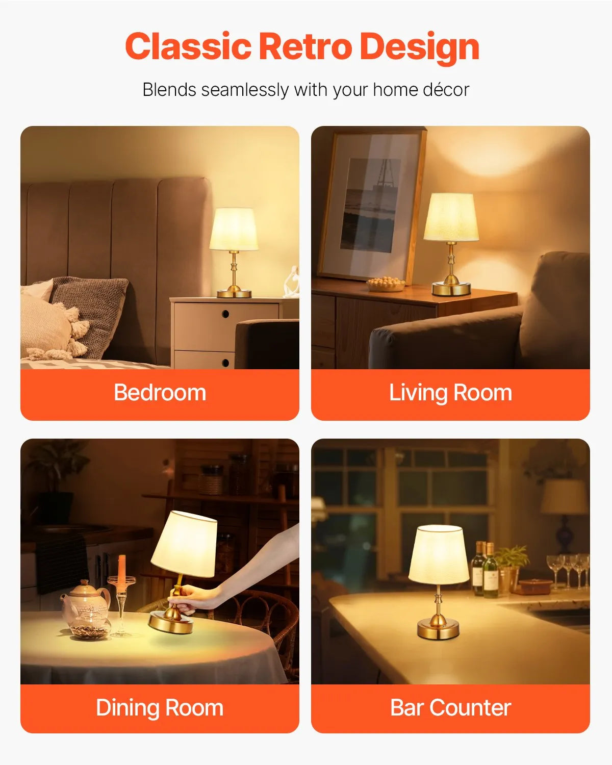 VEVOR Cordless Table Lamp Rechargeable Battery Small Lamp Fabric Shade Gold