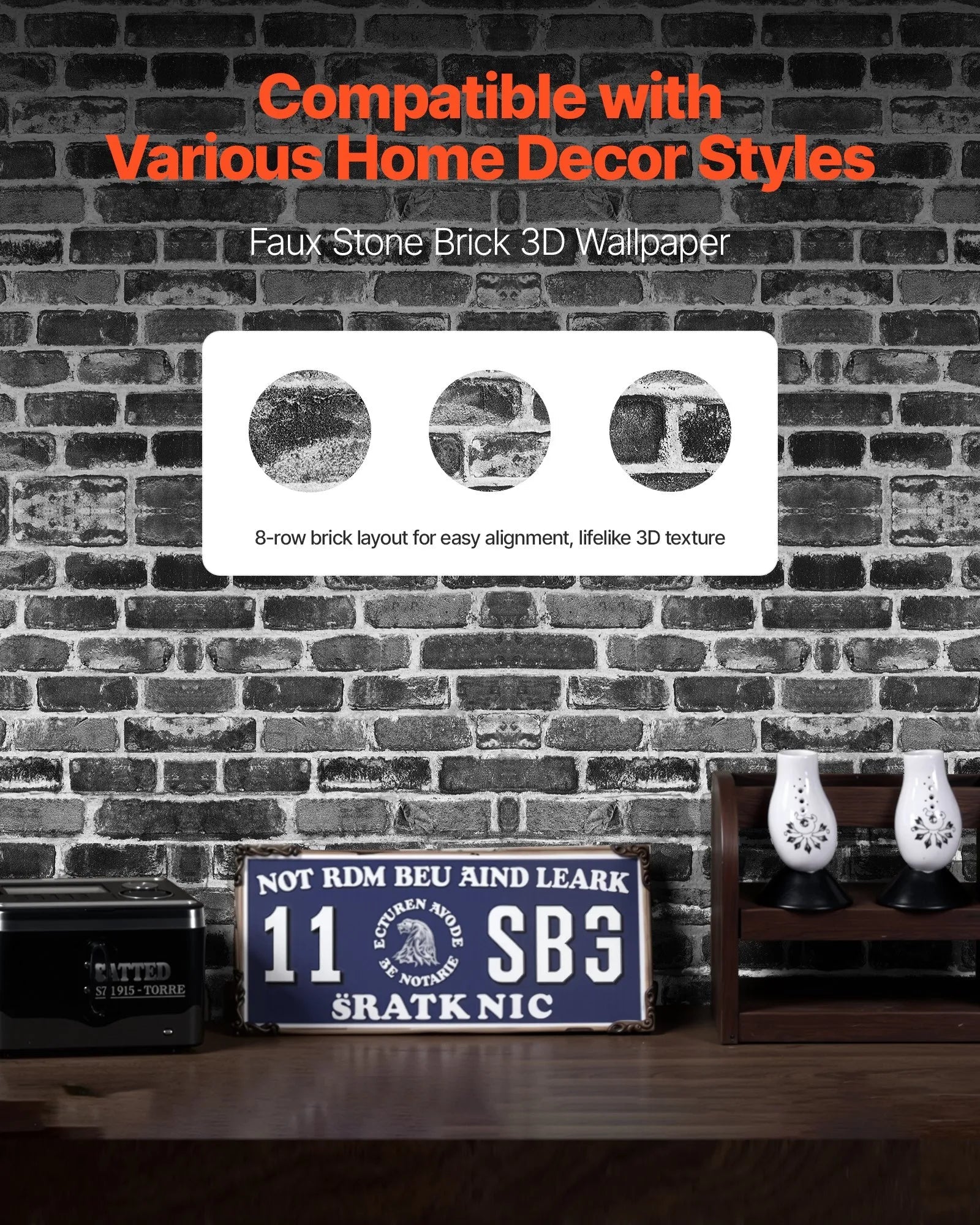 VEVOR Peel and Stick Wallpaper, 17.7 x 393.7 inch Contact Paper Gray Brick Waterpoof Self Adhesive, Easy to Clean & Peel Wall Decorative Vinyl Roll for Bedroom Kitchen Bathroom Office Desk