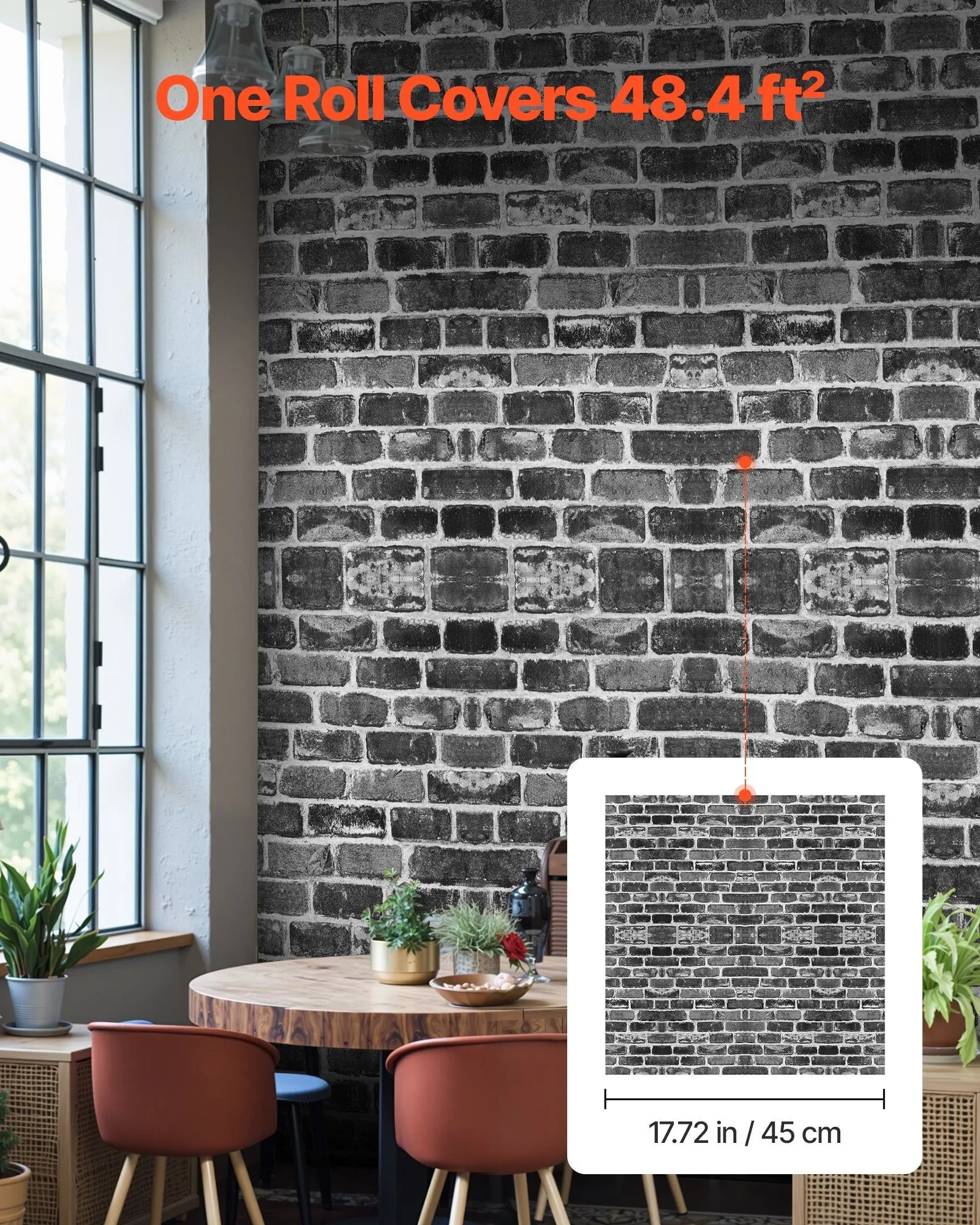 VEVOR Peel and Stick Wallpaper, 17.7 x 393.7 inch Contact Paper Gray Brick Waterpoof Self Adhesive, Easy to Clean & Peel Wall Decorative Vinyl Roll for Bedroom Kitchen Bathroom Office Desk