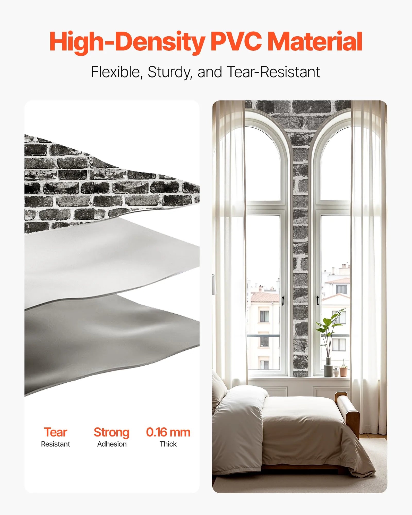 VEVOR Peel and Stick Wallpaper, 17.7 x 393.7 inch Contact Paper Gray Brick Waterpoof Self Adhesive, Easy to Clean & Peel Wall Decorative Vinyl Roll for Bedroom Kitchen Bathroom Office Desk