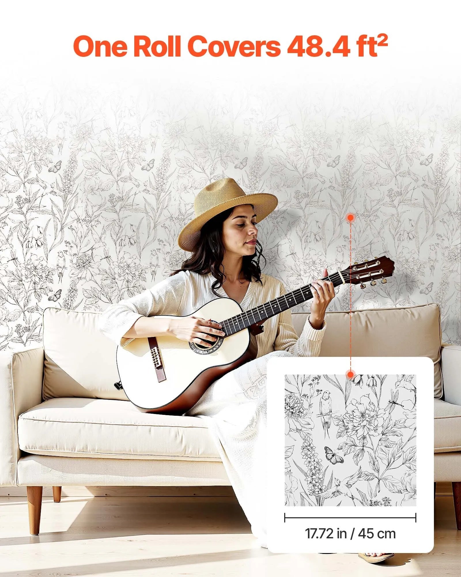 VEVOR Peel and Stick Wallpaper, 17.7 x 393.7 inch Contact Paper White Line Art Botanical Floral Waterpoof Self Adhesive, Easy to Clean Wall Decorative Vinyl Roll for Bedroom Kitchen Bathroom Office