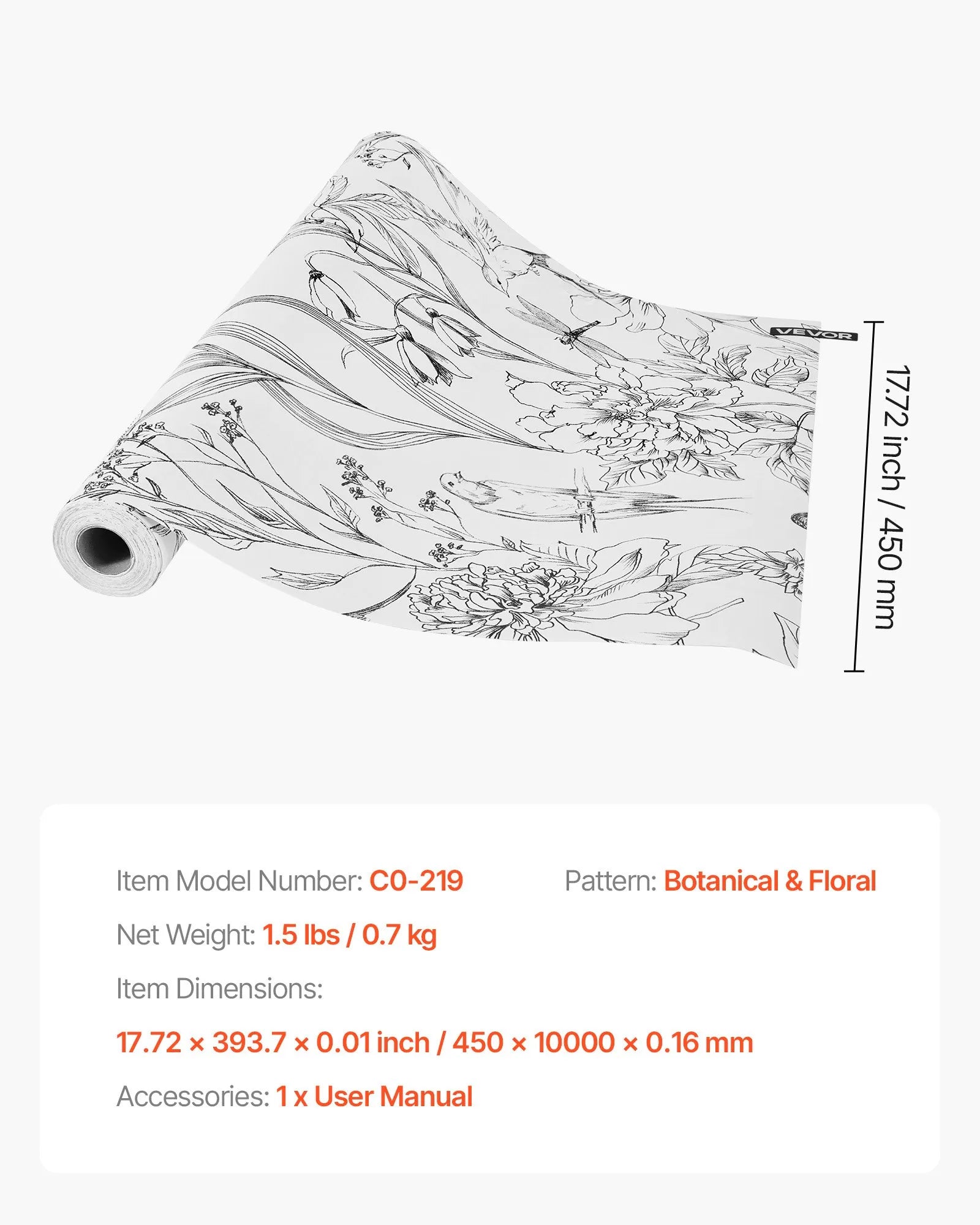 VEVOR Peel and Stick Wallpaper, 17.7 x 393.7 inch Contact Paper White Line Art Botanical Floral Waterpoof Self Adhesive, Easy to Clean Wall Decorative Vinyl Roll for Bedroom Kitchen Bathroom Office