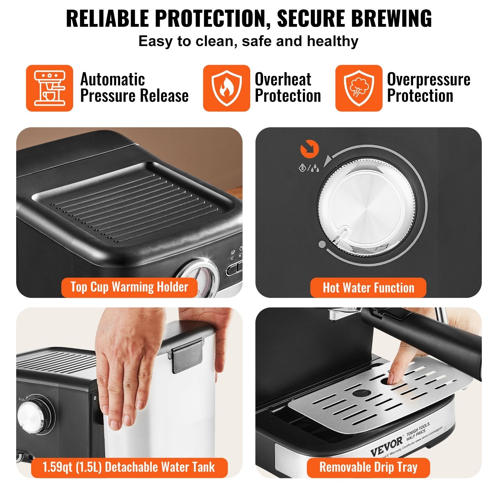 VEVOR Espresso Machine, 15 Bar Semi Automatic Espresso Maker with Milk Frother Steam Wand for Latte and Cappuccino, Professional Coffee Maker with Temp Gauge & Removable Water Tank, NTC Control System