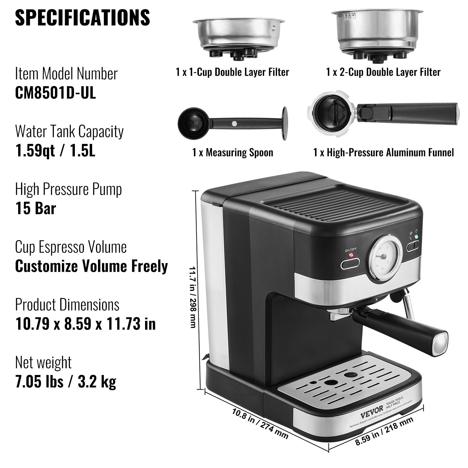 VEVOR Espresso Machine, 15 Bar Semi Automatic Espresso Maker with Milk Frother Steam Wand for Latte and Cappuccino, Professional Coffee Maker with Temp Gauge & Removable Water Tank, NTC Control System
