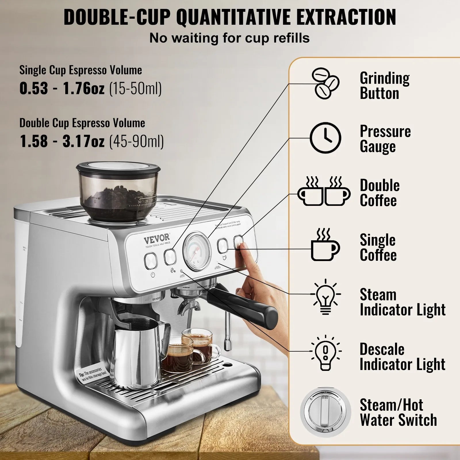 VEVOR Espresso Machine with Grinder, 15 Bar Semi Automatic Espresso Coffee Maker with Milk Frother Steam Wand, Removable Water Tank & Pressure Gauge for Cappuccino, Latte, Machiato, PID Control System
