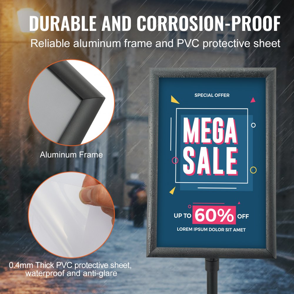 VEVOR Pedestal Sign Holder, 11 x 17 Inch Vertical and Horizontal Adjustable Poster Stand, Heavy-Duty Floor Standing Sign Holder with Metal Base for Display, Advertisement, and Outdoor, Black