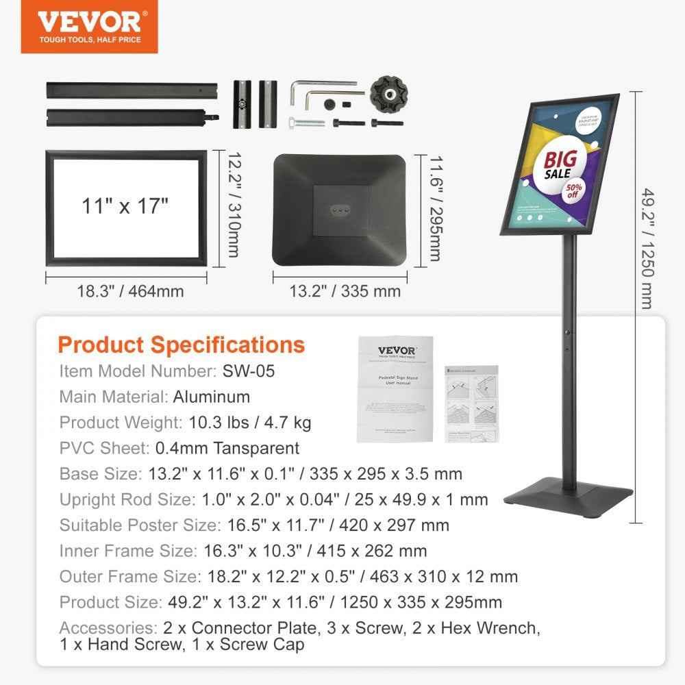 VEVOR Pedestal Sign Holder, 11 x 17 Inch Vertical and Horizontal Adjustable Poster Stand, Heavy-Duty Floor Standing Sign Holder with Metal Base for Display, Advertisement, and Outdoor, Black