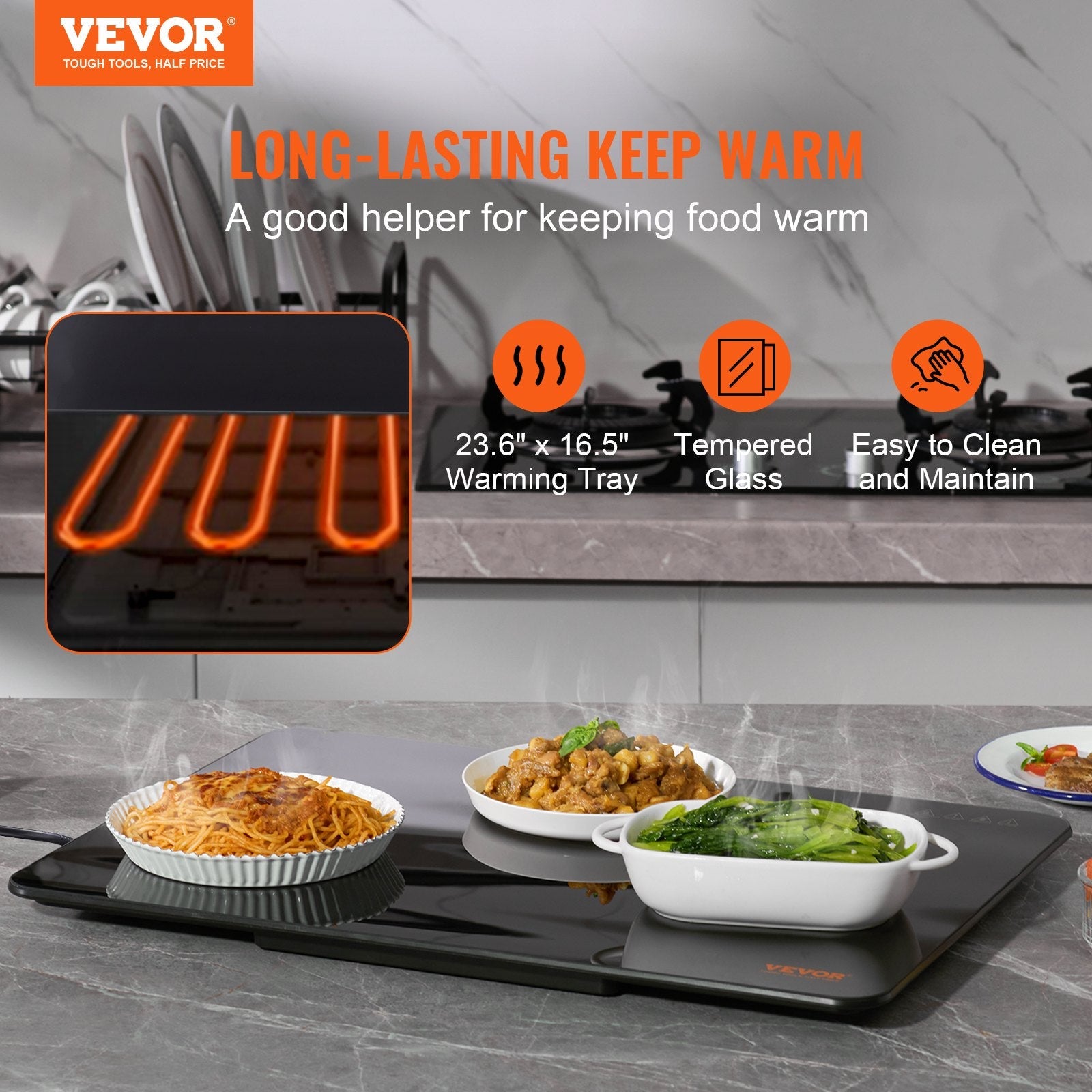VEVOR Electric Warming Tray, 16.5" x 23.6" Portable Tempered Glass Heating Tray with Temperature Control (65-90?), Perfect for Dinner, Catering, House, Parties, Events, Entertaining and Holiday, Black