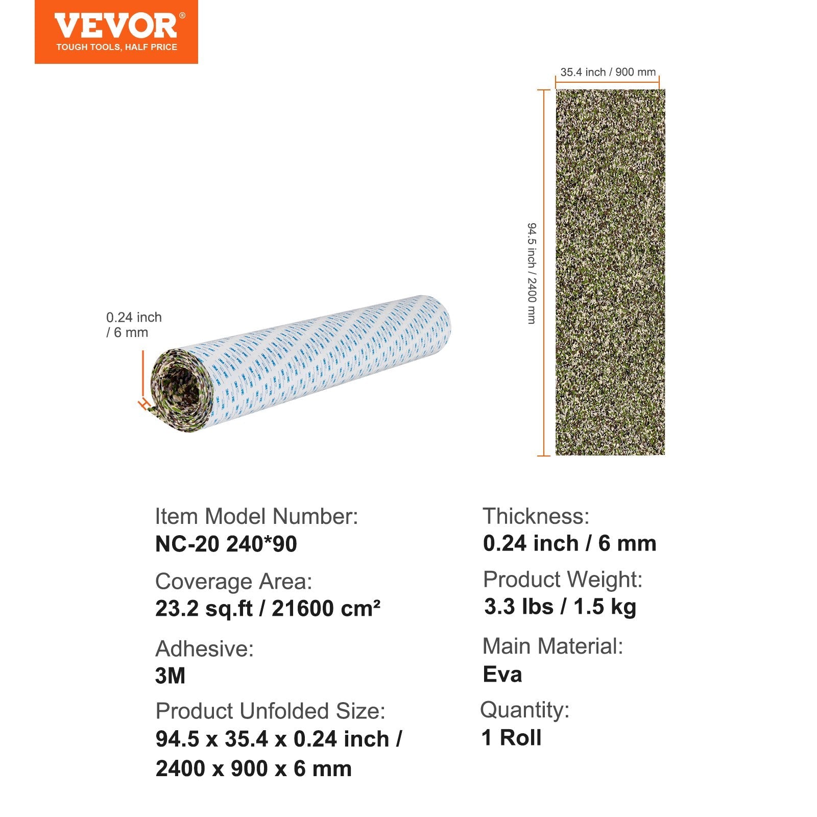 VEVOR Boat Flooring, EVA Foam Boat Decking 94.5" x 35.4", Non-Slip Self-Adhesive Flooring, 23.2 sq.ft Marine Carpet for Boats, Yacht, Pontoon, Kayak Decking