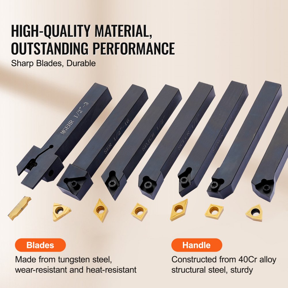 VEVOR Indexable Carbide Lathe Tools 1/2" Metal Lathe Cutting Tools 7 Pcs/Set Indexable lathe tools Super-Hard 40CR Lathe Bits Carbide Lathe Tool for Lathe Black Compact and Portable
