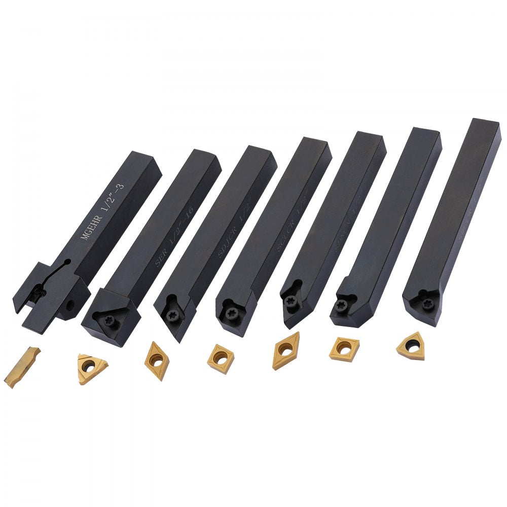 VEVOR Indexable Carbide Lathe Tools 1/2" Metal Lathe Cutting Tools 7 Pcs/Set Indexable lathe tools Super-Hard 40CR Lathe Bits Carbide Lathe Tool for Lathe Black Compact and Portable