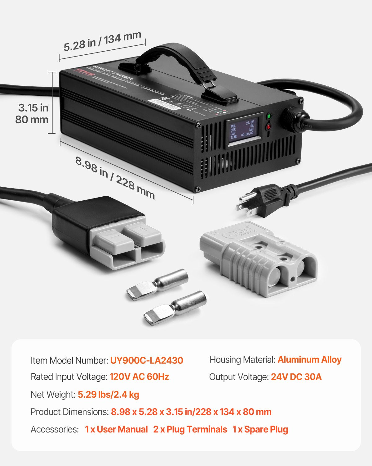 VEVOR Forklift Battery Charger Smart Automatic 24V 30A Fast Charger Portable