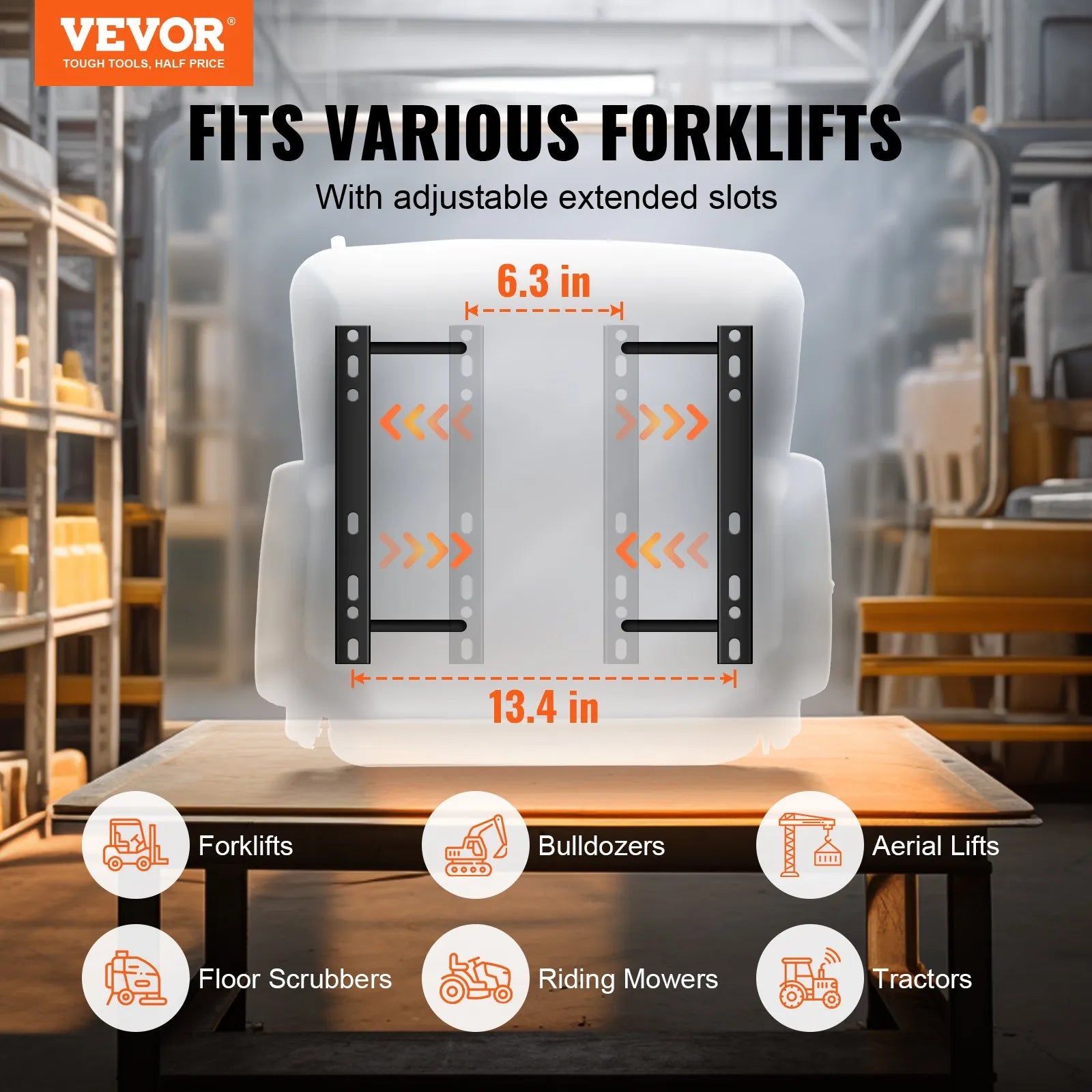 VEVOR Universal Forklift Seat, Fold Down Tractor Seat with Adjustable Angle Back, Micro Switch, Seatbelt and Armrests, 6.3-13.4 inch Slot Tractor Seat for Tractor Loader Excavator