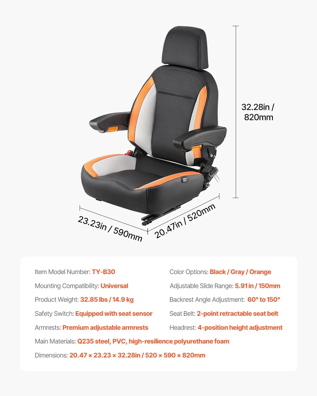 VEVOR Forklift Seat Mower Tractor Seat Adjustable Back Seatbelt & Headrest