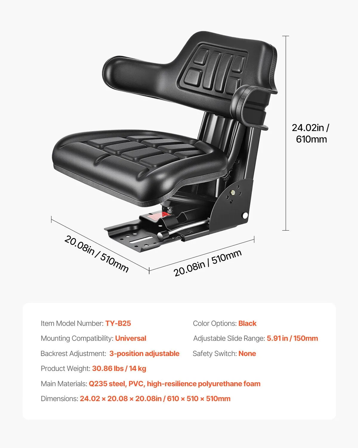 VEVOR Waterproof Forklift Seat Adjustable Tractor Suspension Seat Mower Digger