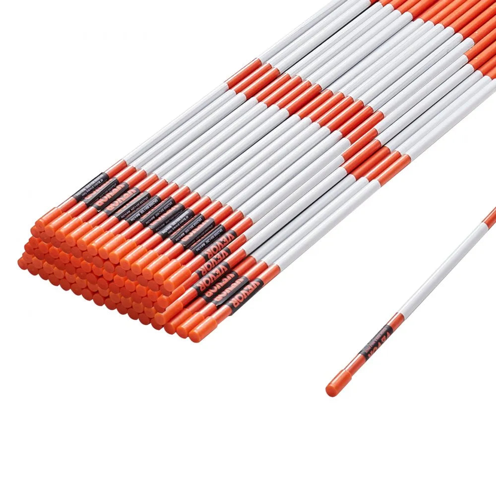 VEVOR Driveway Markers, 100PCS 48 inch, 0.31 inch Diameter, Orange Fiberglass Poles Snow Stakes with Reflective Tape, 12" Steel Drill Bit & Protection Gloves for Parking Lots, Walkways Easy Visibility