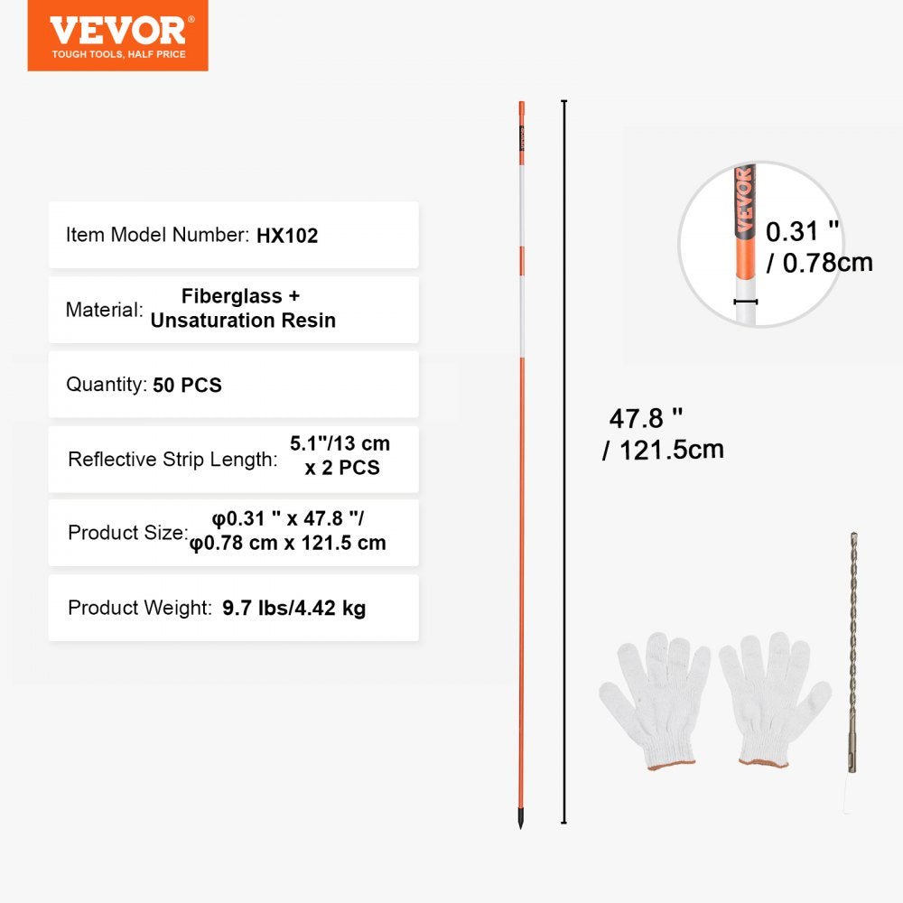 VEVOR Driveway Markers, 50 PCS 48 inch, 0.31 inch Diameter, Orange Fiberglass Poles Snow Stakes with Reflective Tape, 12" Steel Drill Bit & Protection Gloves for Parking Lots, Walkways Easy Visibility