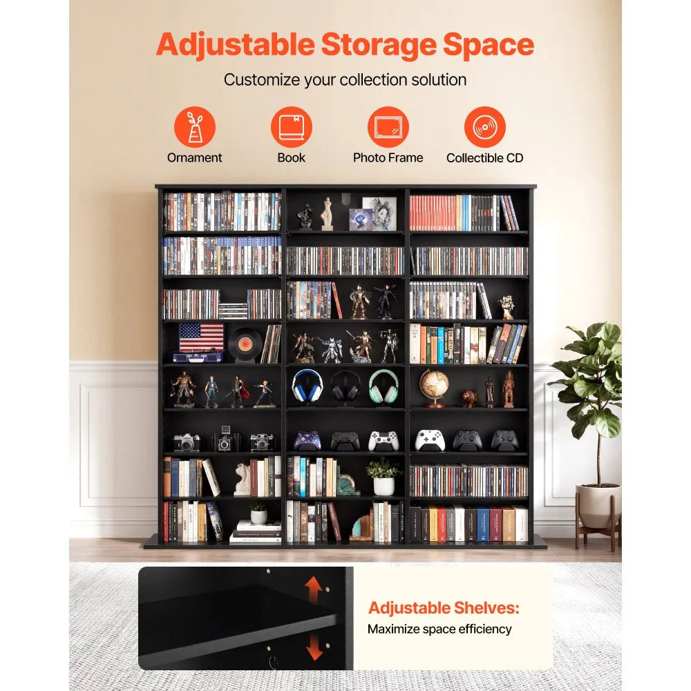 8-Tier Media Storage Cabinet for CDs, DVDs, Books & Games – 24 Adjustable Multimedia Organizer with Anti-Tip Kit, Black
