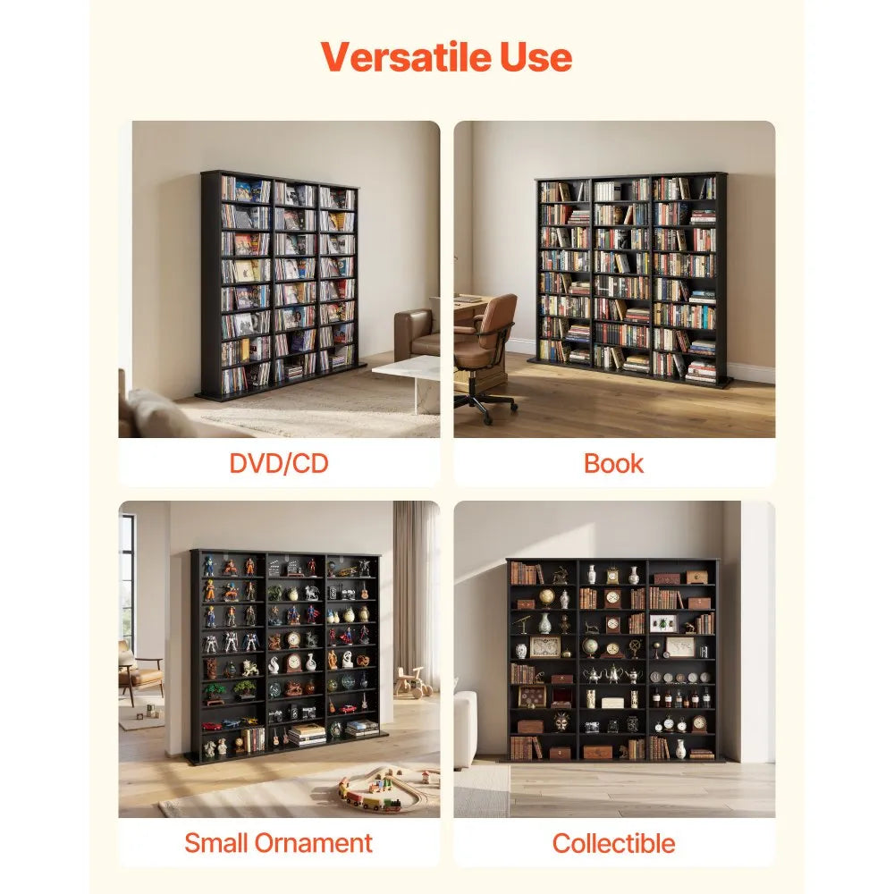 8-Tier Media Storage Cabinet for CDs, DVDs, Books & Games – 24 Adjustable Multimedia Organizer with Anti-Tip Kit, Black