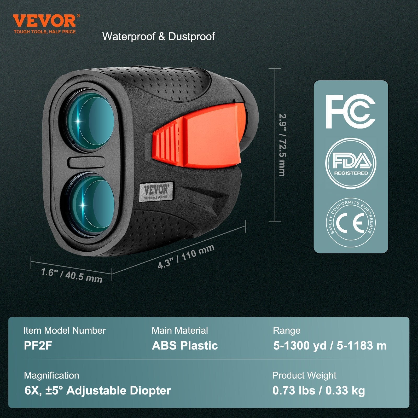 VEVOR Magnetic Golf Rangefinder, 1300 Yards Laser Golfing Hunting Range Finder, 6X Magnification Golfing Accessory with Distance Measuring, High-Precision Flag Lock Vibration, Slope, USB Charge
