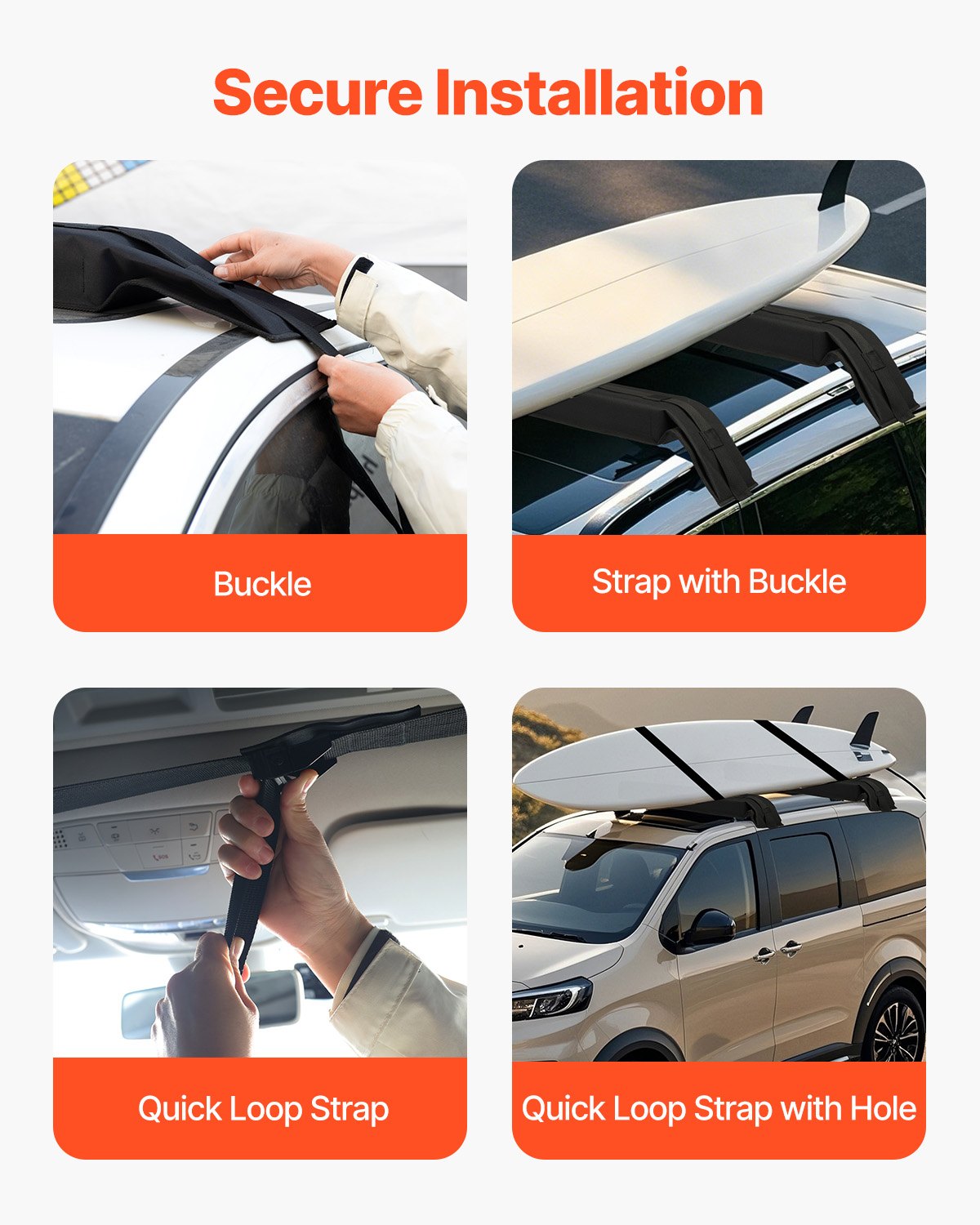 VEVOR Soft Roof Rack Pads, 31.5" Universal Car Roof Rack Pad, 176LBS Load Capacity Luggage Kayak Carrier with 4 Tie-Down Straps,  2 Quick Loop Straps & Storage Bag for SUP Canoe Snowboard Paddle Board