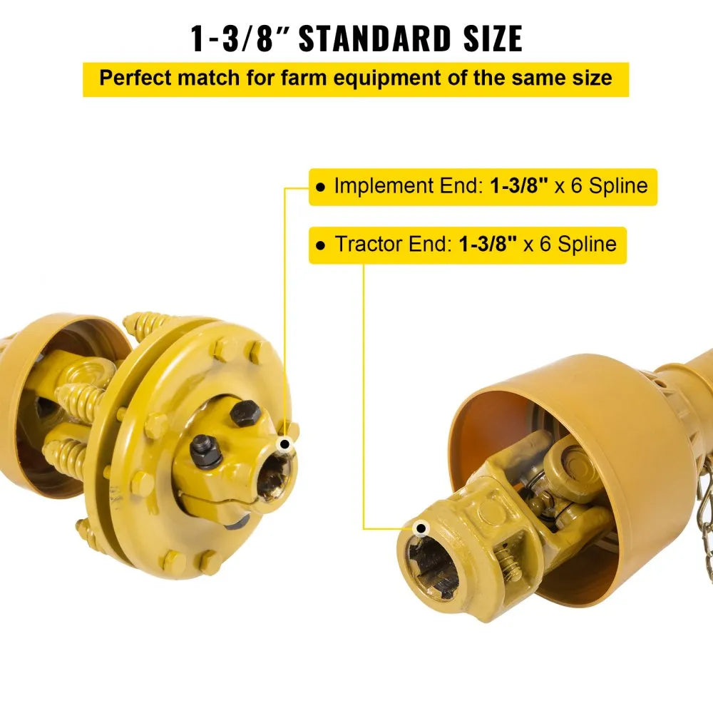 VEVOR PTO Shaft, 1-3/8” PTO Drive Shaft, 6 Spline Both Ends PTO Driveline Shaft, Series 4 Tractor PTO Shaft, 31.5”-41” Brush Hog PTO Shaft, Yellow PTO Shaft w/Slip Clutch for Bush Hog/Finish Mower