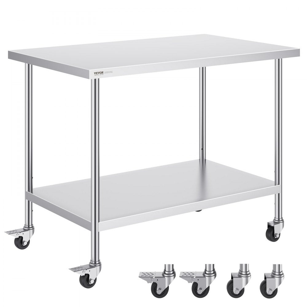 VEVOR Stainless Steel Work Table 30 x 48 x 38 Inch, with 4 Wheels, 3 Adjustable Height Levels, Heavy Duty Food Prep Worktable for Commercial Kitchen Restaurant, Silver