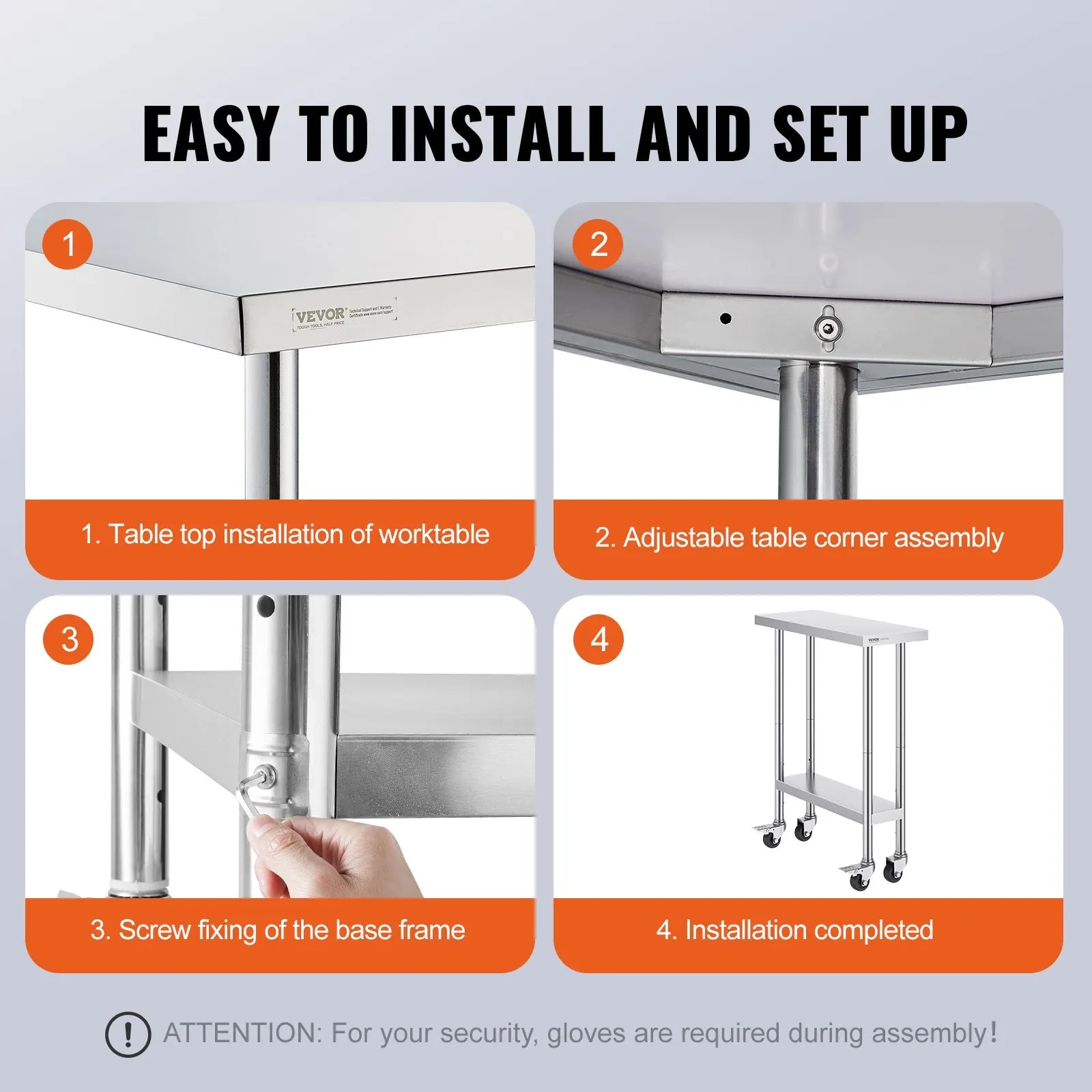 VEVOR Stainless Steel Work Table 30 x 12 x 38 Inch, with 4 Wheels, 3 Adjustable Height Levels, Heavy Duty Food Prep Worktable for Commercial Kitchen Restaurant, Silver
