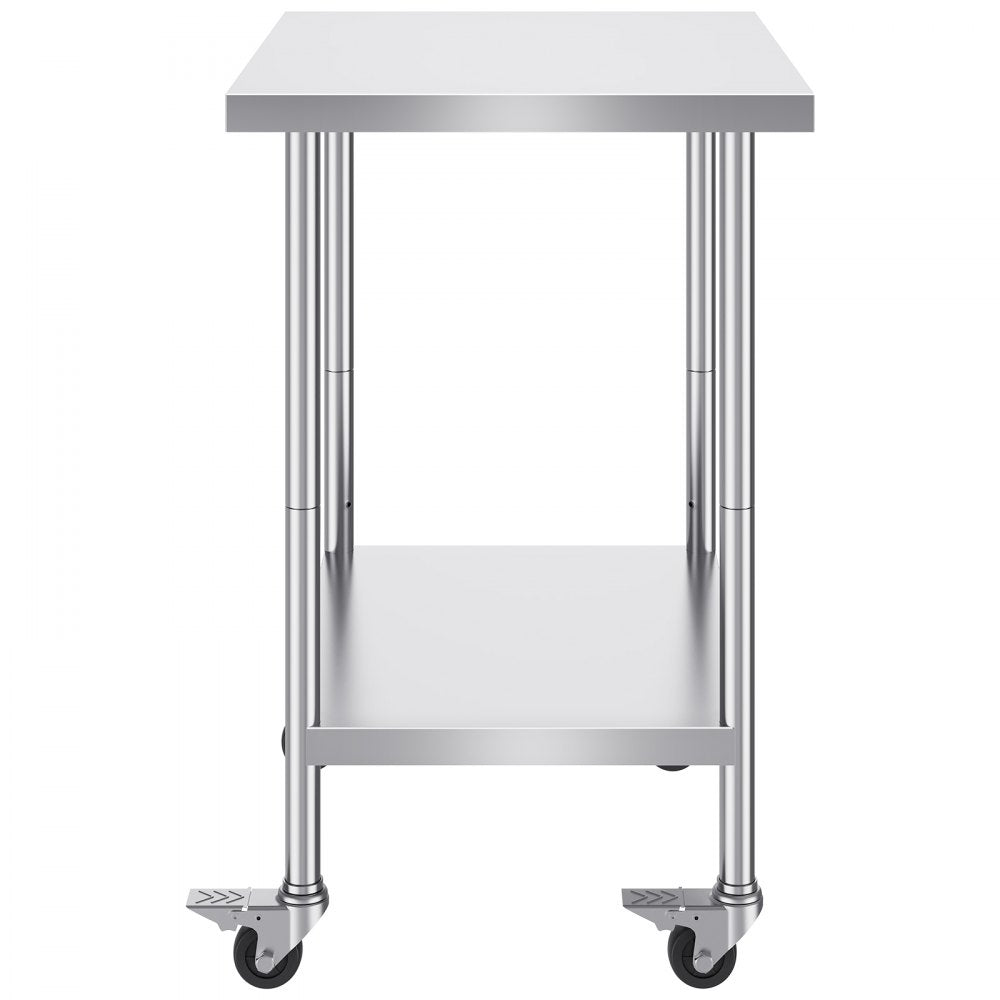 VEVOR Stainless Steel Work Table 24 x 30 x 38 Inch, with 4 Wheels, 3 Adjustable Height Levels, Heavy Duty Food Prep Worktable for Commercial Kitchen Restaurant, Silver