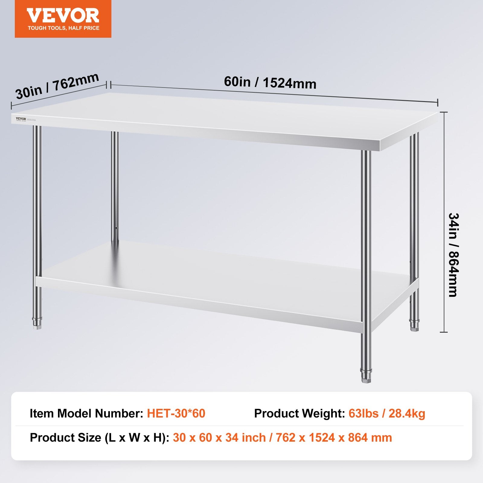 VEVOR Stainless Steel Prep Table, 30 x 60 x 34 Inch, Heavy Duty Metal Worktable with 3 Adjustable Height Levels, Commercial Workstation for Kitchen Garage Restaurant Backyard