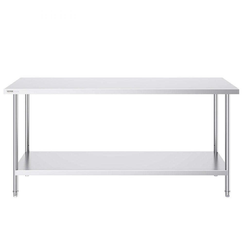 VEVOR Stainless Steel Prep Table, 24 x 72 x 34 Inch, Heavy Duty Metal Worktable with 3 Adjustable Height Levels, Commercial Workstation for Kitchen Garage Restaurant Backyard