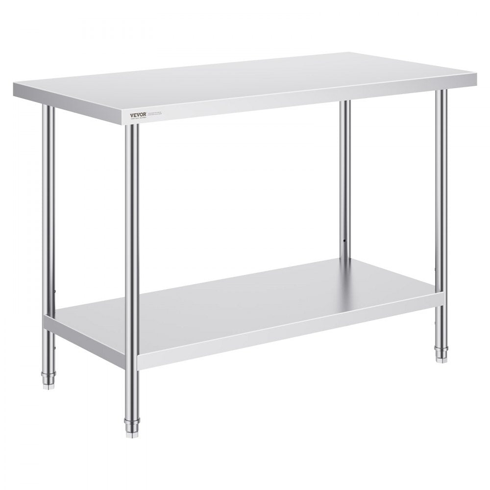 VEVOR Stainless Steel Prep Table, 24 x 48 x 34 Inch, Heavy Duty Metal Worktable with 3 Adjustable Height Levels, Commercial Workstation for Kitchen Garage Restaurant Backyard