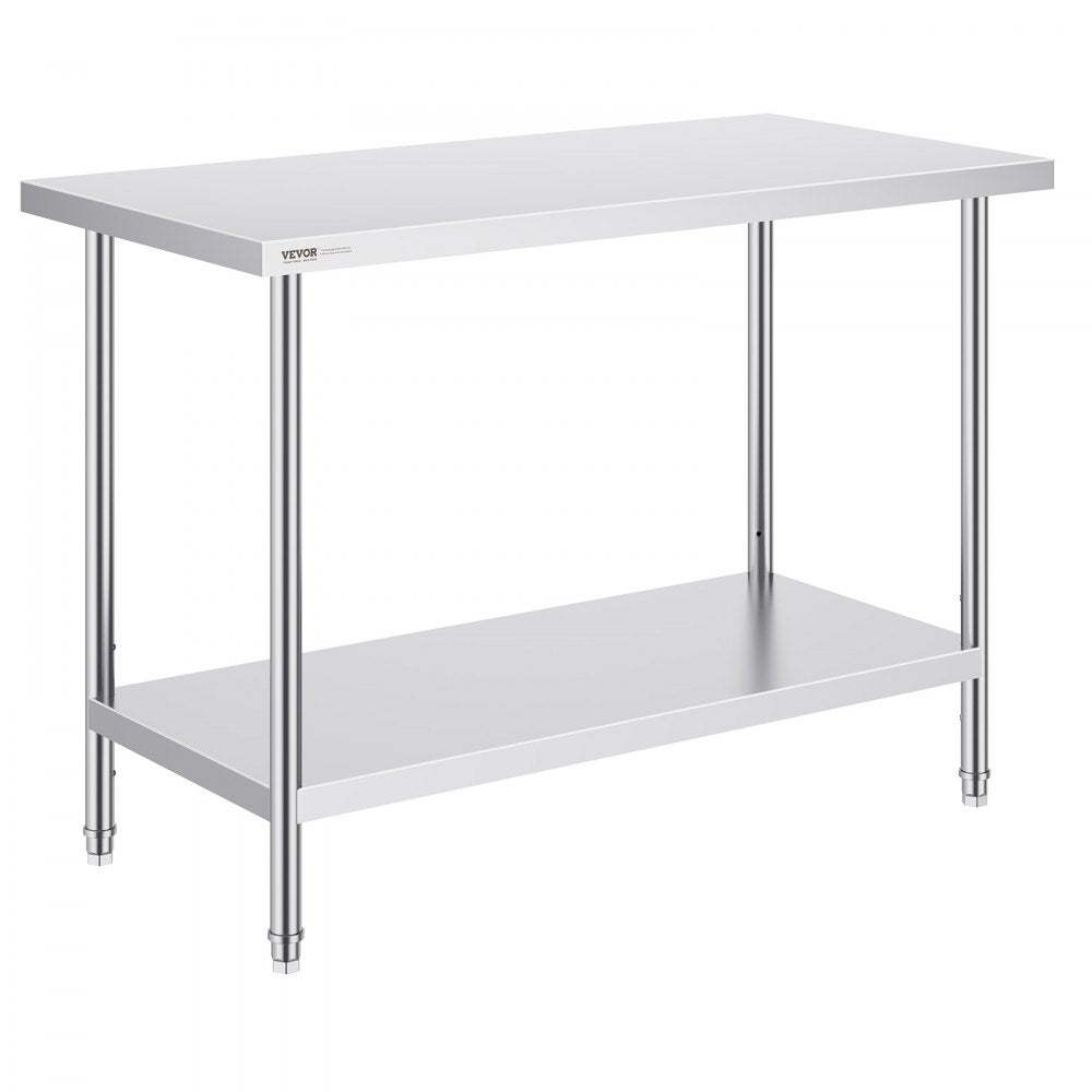 VEVOR Stainless Steel Prep Table, 24 x 48 x 34 Inch, Heavy Duty Metal Worktable with 3 Adjustable Height Levels, Commercial Workstation for Kitchen Garage Restaurant Backyard