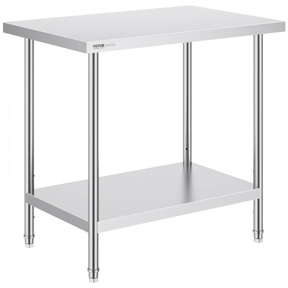 VEVOR Stainless Steel Prep Table, 24 x 36 x 34 Inch, Heavy Duty Metal Worktable with 3 Adjustable Height Levels, Commercial Workstation for Kitchen Garage Restaurant Backyard