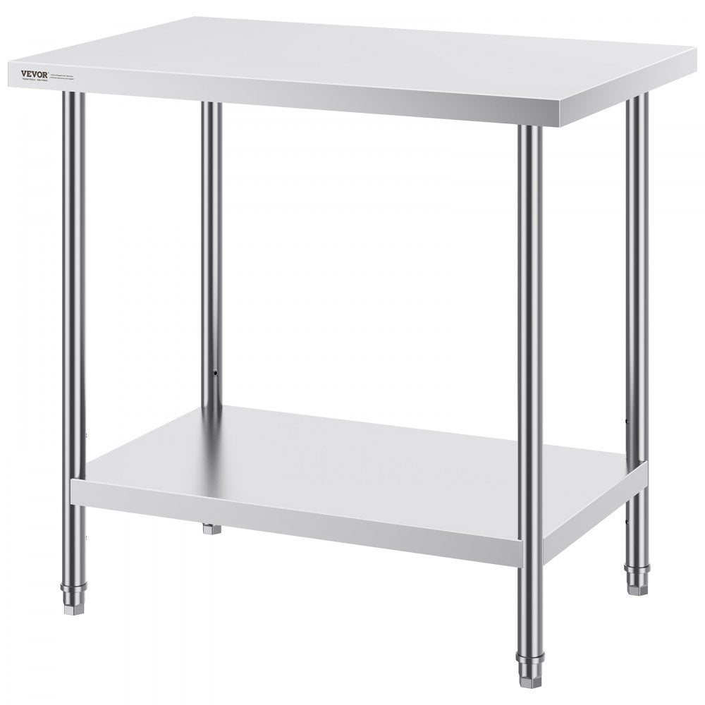 VEVOR Stainless Steel Prep Table, 24 x 36 x 34 Inch, Heavy Duty Metal Worktable with 3 Adjustable Height Levels, Commercial Workstation for Kitchen Garage Restaurant Backyard