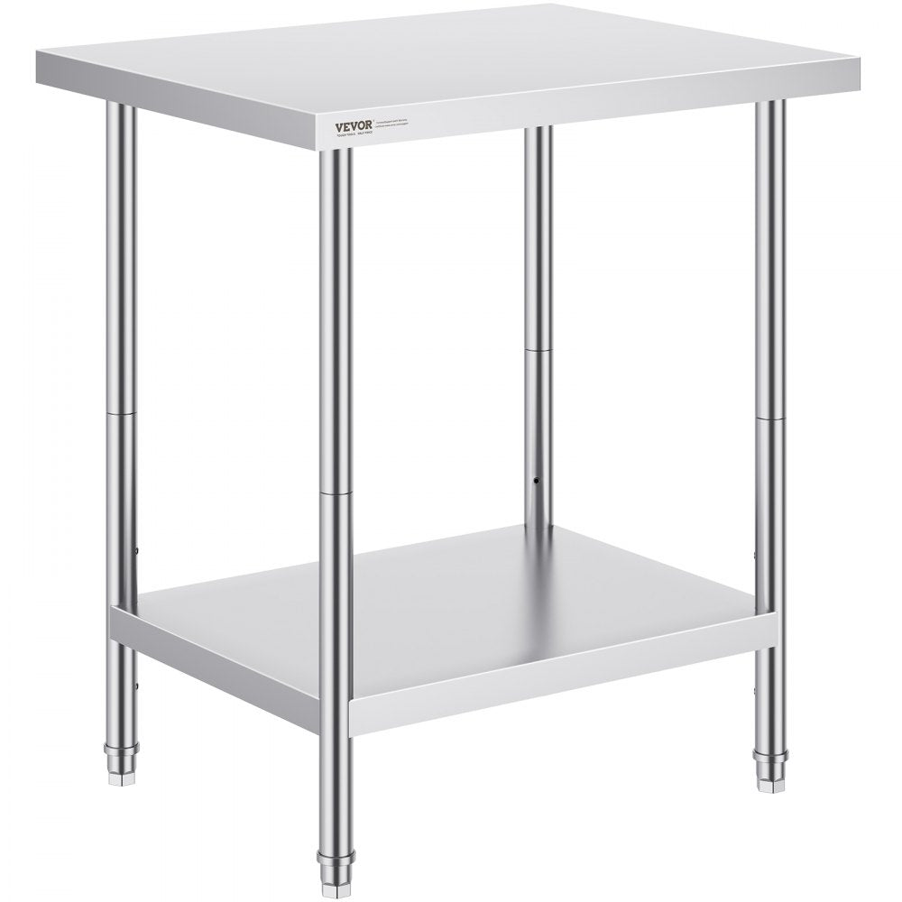 VEVOR Stainless Steel Prep Table, 24 x 30 x 34 Inch, Heavy Duty Metal Worktable with 3 Adjustable Height Levels, Commercial Workstation for Kitchen Garage Restaurant Backyard
