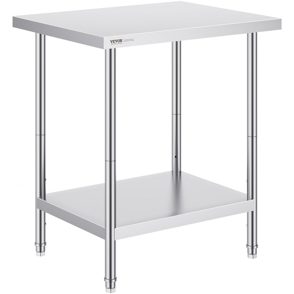 VEVOR Stainless Steel Prep Table, 24 x 30 x 34 Inch, Heavy Duty Metal Worktable with 3 Adjustable Height Levels, Commercial Workstation for Kitchen Garage Restaurant Backyard