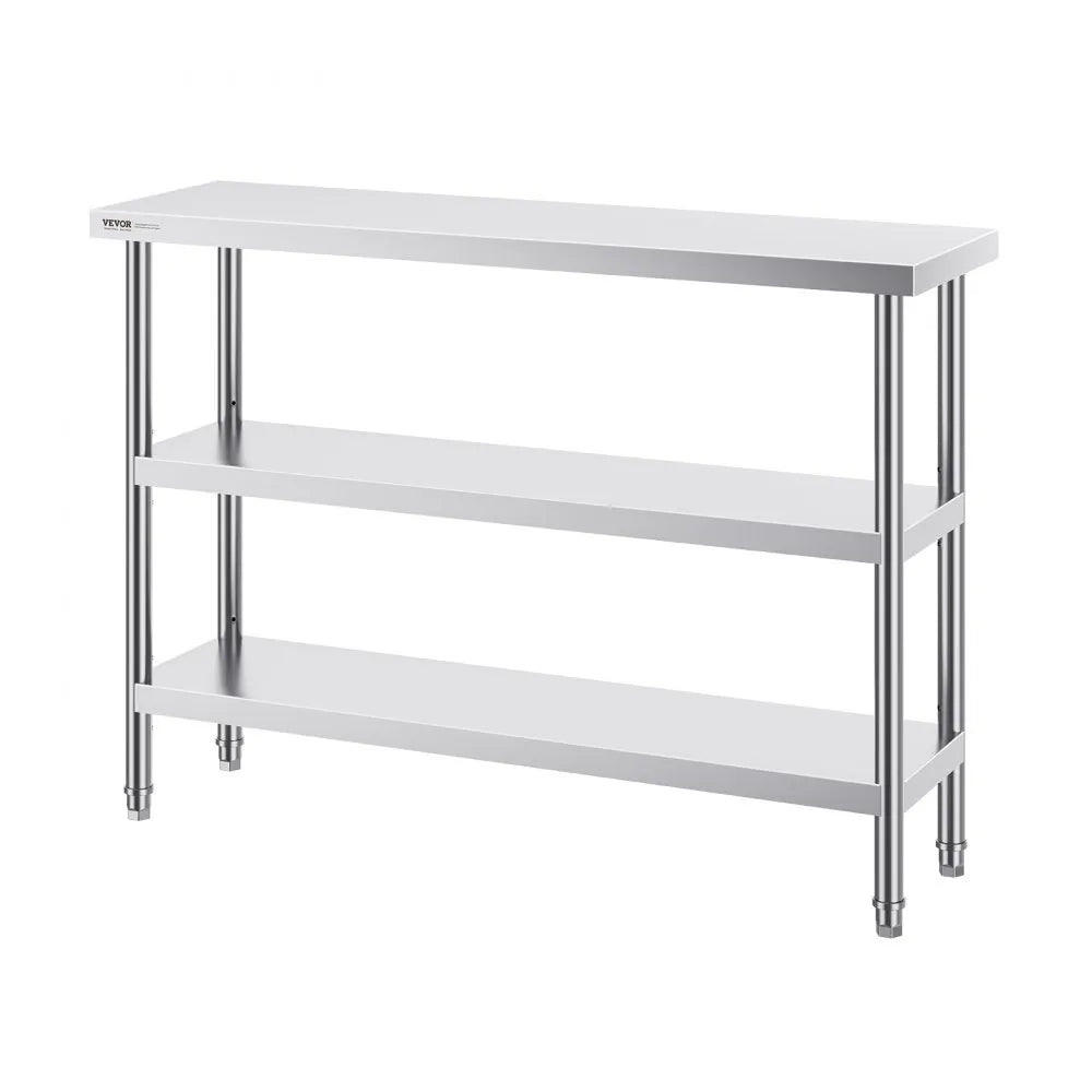 VEVOR Stainless Steel Food Prep Table, 14 x 48 x 34 Inch Commercial Kitchen Worktable, with 2 Adjustable Undershelf, Heavy Duty Prep Table Metal Work Table for BBQ, Kitchen, Home, and Garage