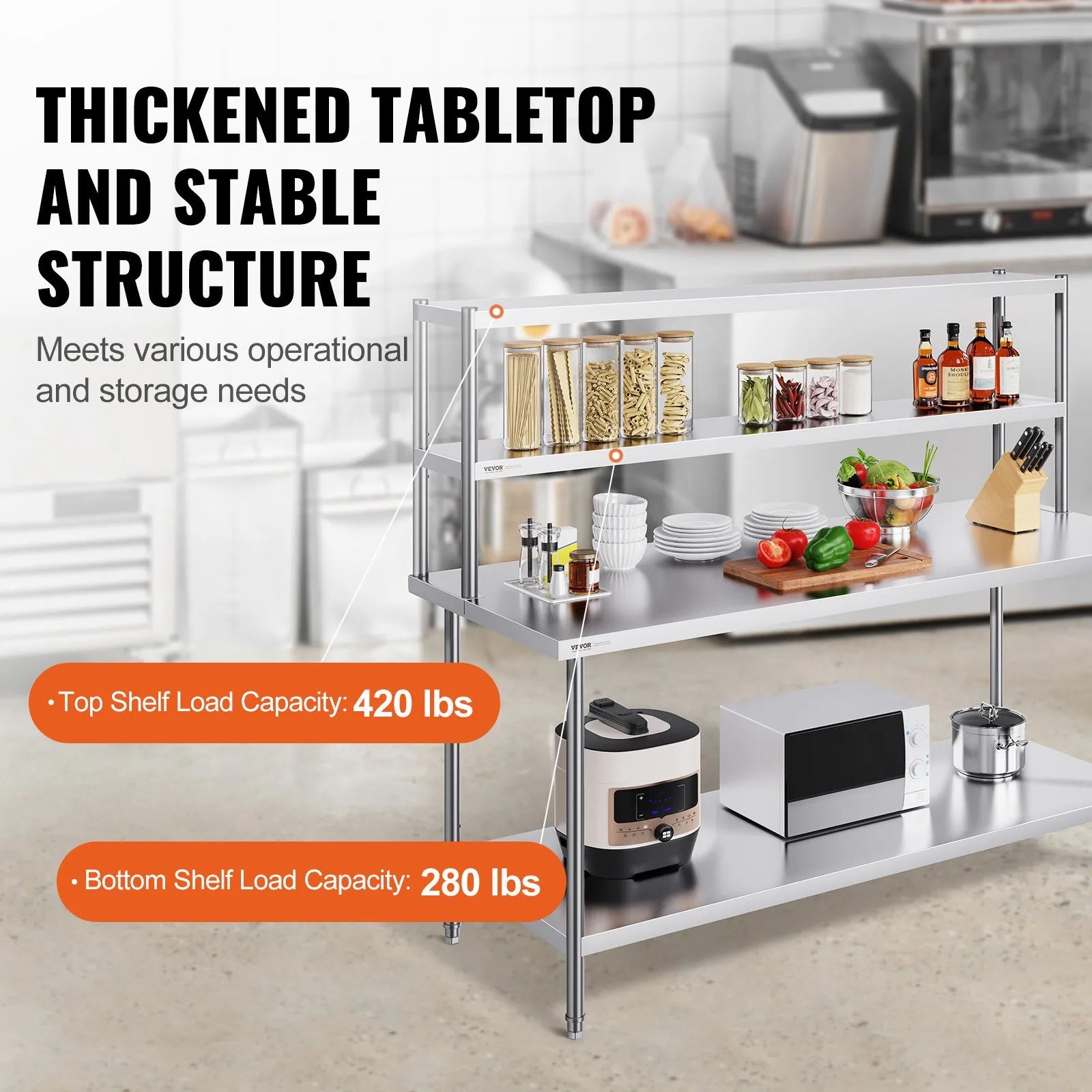 VEVOR Double Overshelf Stainless Steel Overshelf 2-Tier 12"x72" for Prep Table