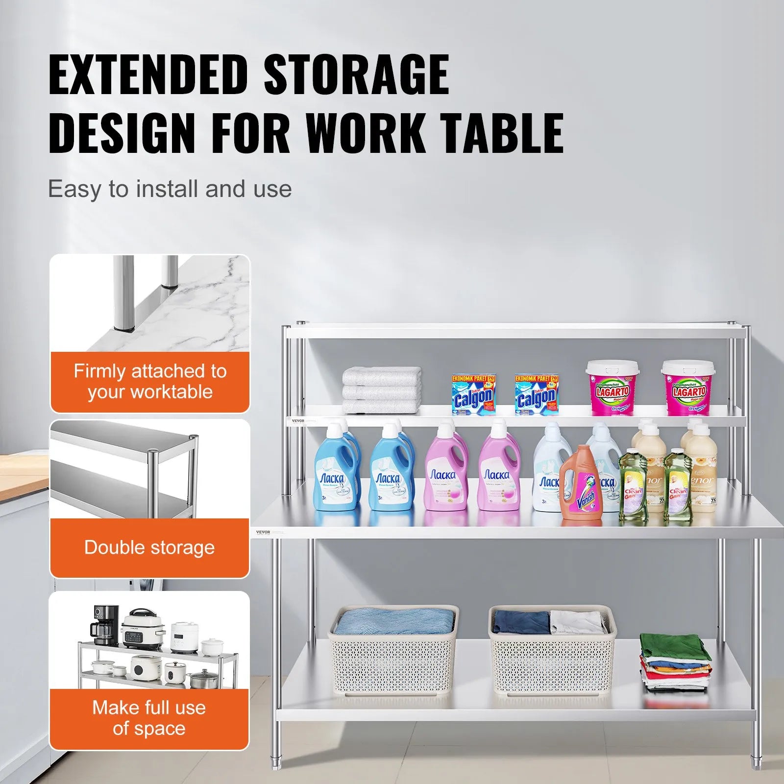 VEVOR Double Overshelf Stainless Steel Overshelf 2-Tier 12"x72" for Prep Table