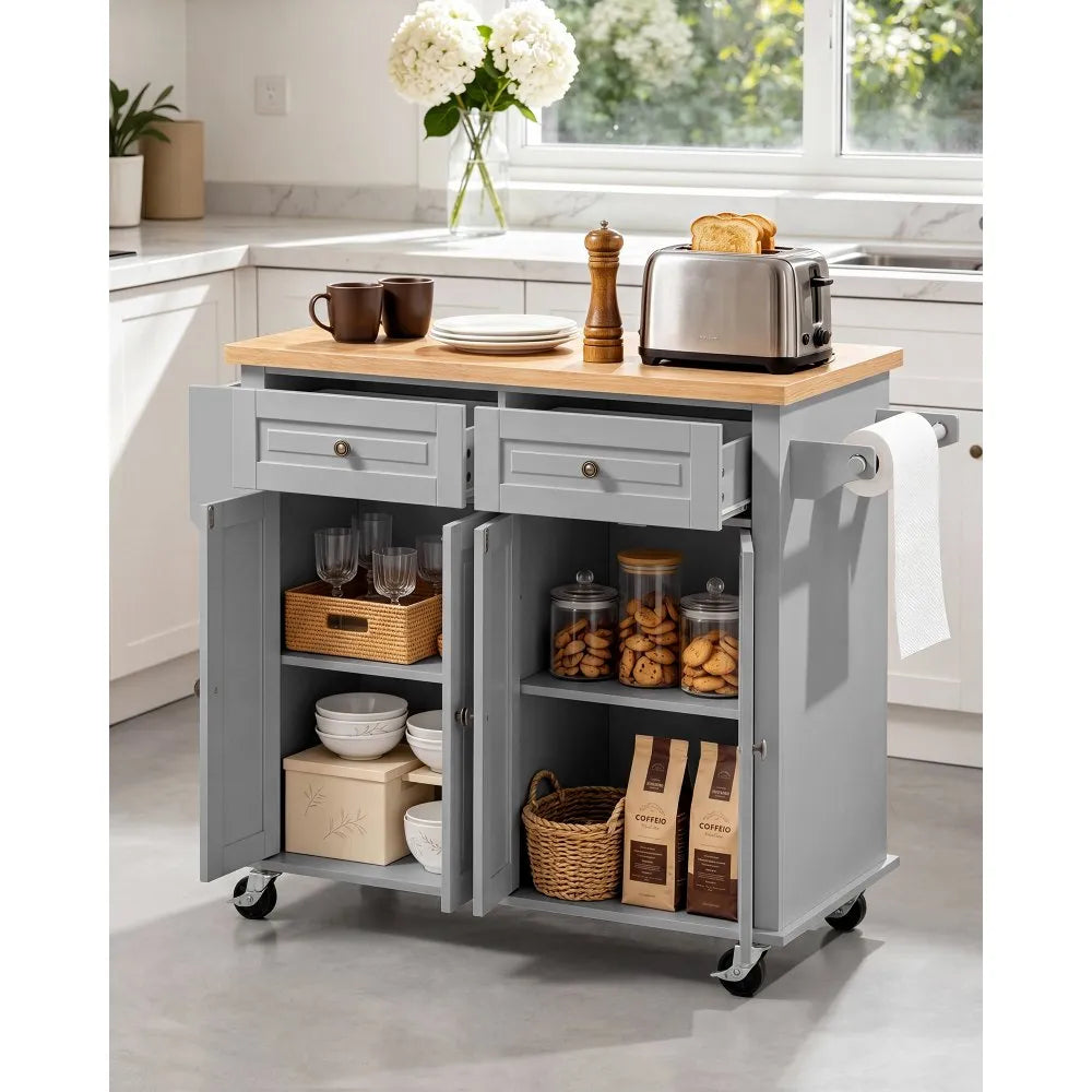 43.7" Rolling Kitchen Island Cart with Storage Cabinet, 2 Drawers & Spice Rack โ Gray