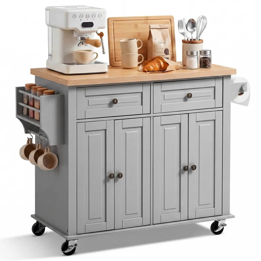 43.7" Rolling Kitchen Island Cart with Storage Cabinet, 2 Drawers & Spice Rack โ Gray