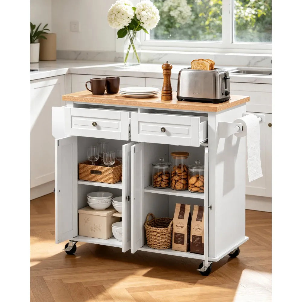 43.7" Rolling Kitchen Island Cart with Storage Cabinet, 2 Drawers & Spice Rack โ White