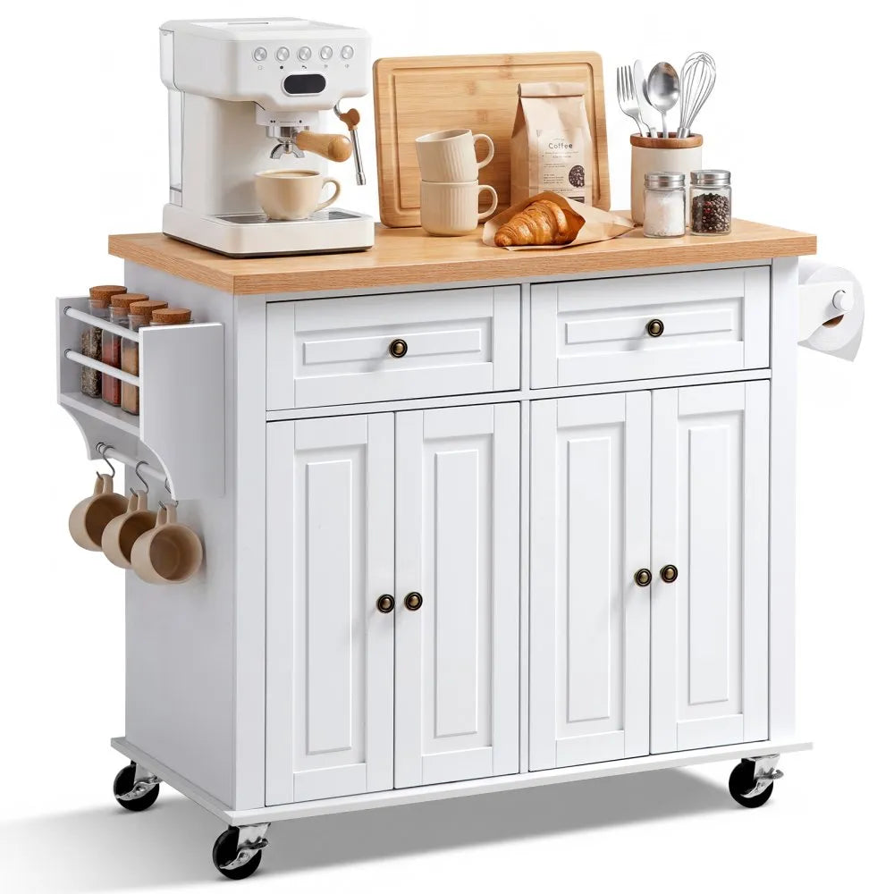 43.7" Rolling Kitchen Island Cart with Storage Cabinet, 2 Drawers & Spice Rack โ White