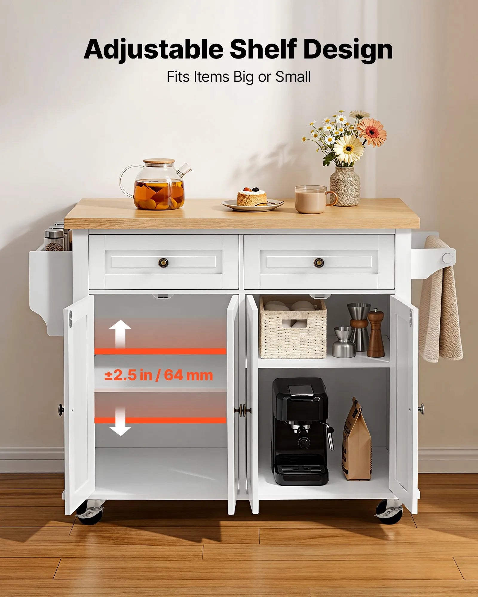 43.7" Rolling Kitchen Island Cart with Storage Cabinet, 2 Drawers & Spice Rack โ White